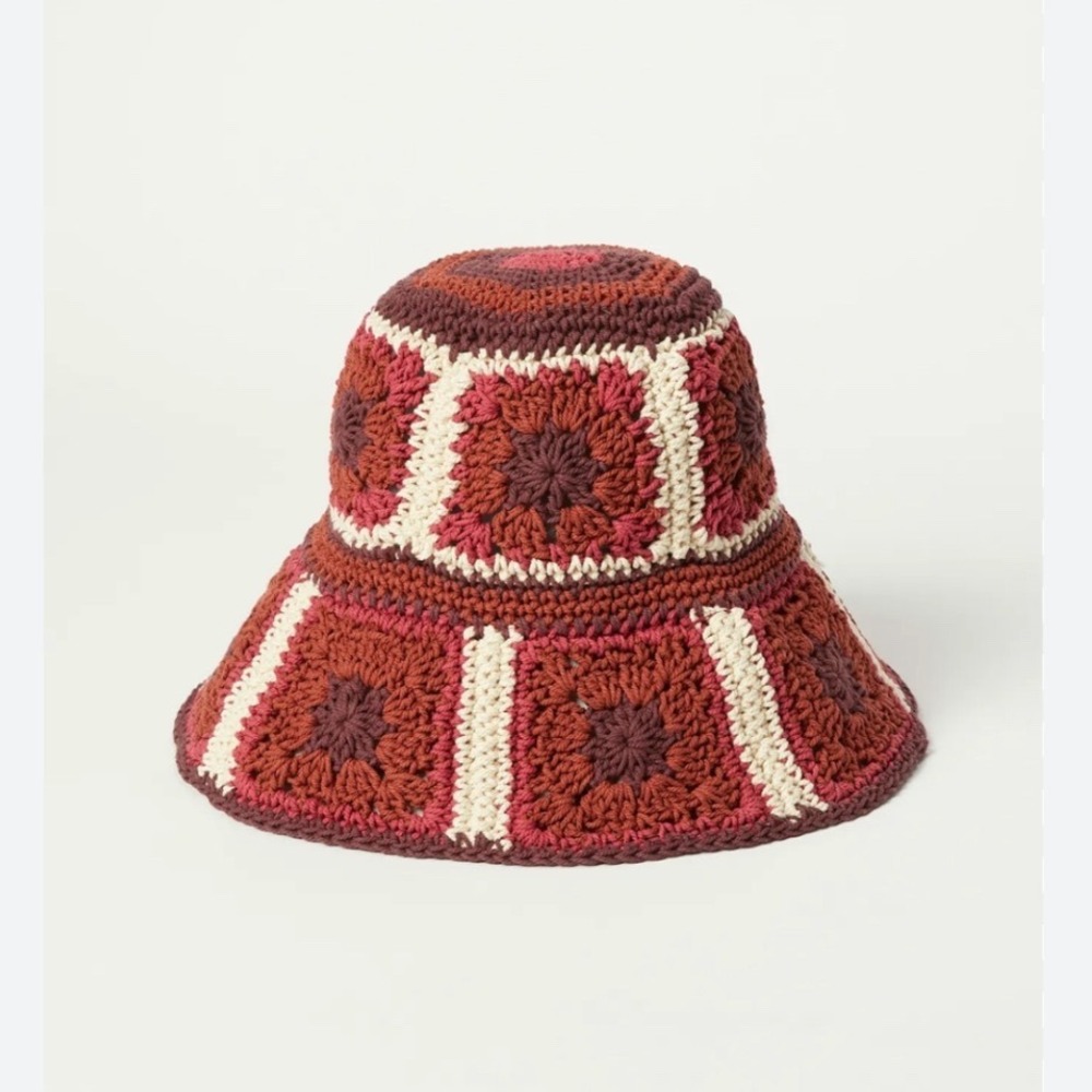 Lucky Brand Granny Square Crochet Bucket Hat Women One Size Burgundy‎ Multi Boho